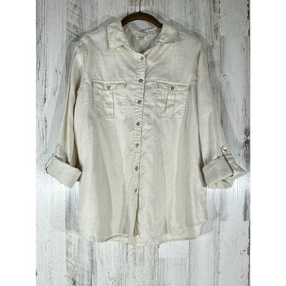 Symple NYC Button Up Top Size Large Cream Off White 100% Linen Roll Tab Sleeves - Picture 1 of 8